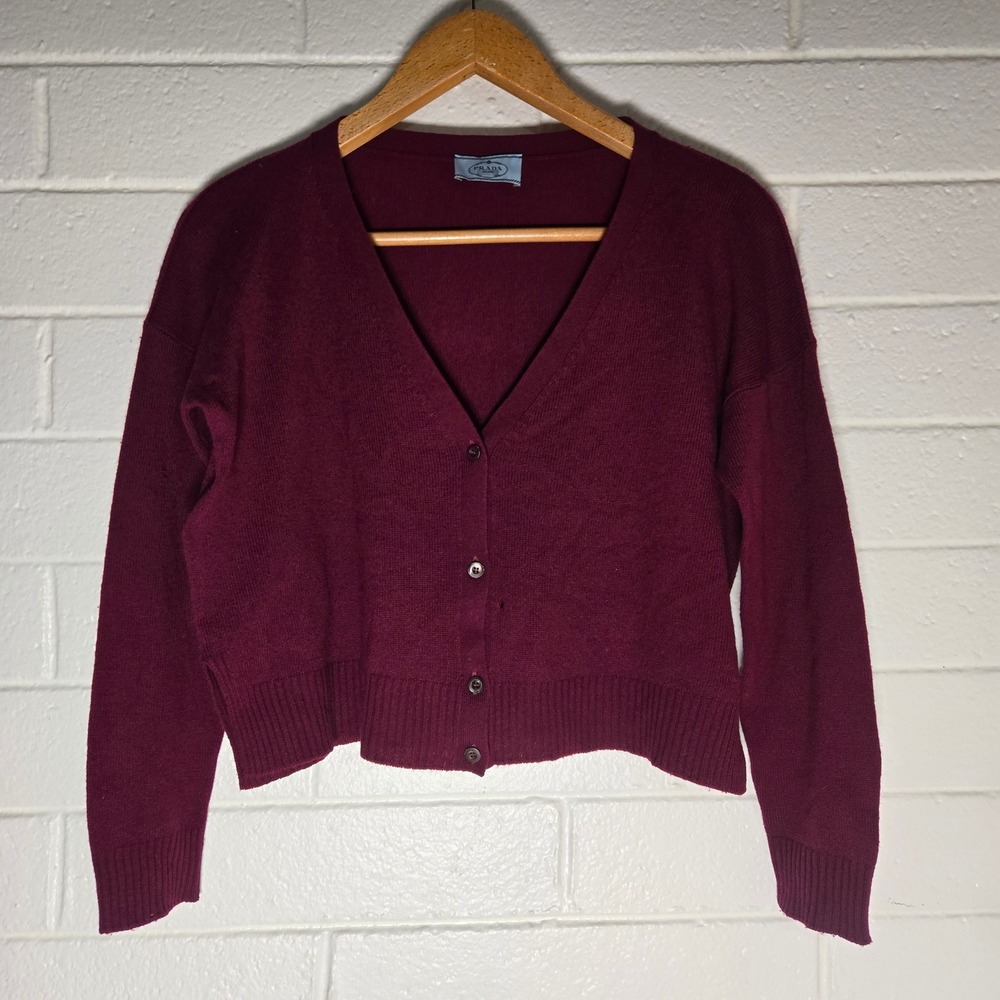 Prada Milano Cardigan Sweater 42 Burgundy Cropped Italy Academia